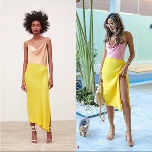 Zara Satin Yellow & Nude ColorBlock Slip Camisole Midi Maxi Dress